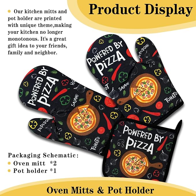 Funny Oven Mitts and Pot Holders Set of 3, Powered by Pizza, Heat Resistant Non-Slip Kitchen Mitts Hot Pads, Pizza Lover Gifts, Christmas Baking Gifts for Women Hostess Mom Wife Chef Baker