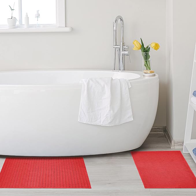 Superior Striped Bath Mat 2-Pack, 100% Combed Cotton, Luxury Spa Ribbed Texture, Durable and Washable Bathroom Mats - Cranberry, 22" x 35" each