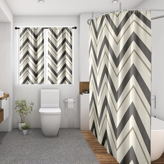 Culudea Chevron Striped Modern Beige Grey Waffle Textured Cloth Shower Curtain Set, Wave Zig Zag Minimalist Bathroom Window Waterproof Shower Curtains for Bathroom Decor
