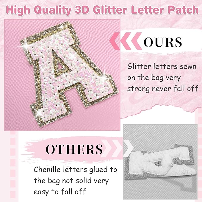 Small Personalized Initial A-Z Patch Makeup Bag,Pink Cute PU Leather Glitter Letter Cosmetic Bag for Teen Girls,Travel Toiletry Bag with Zipper,Preppy Monogrammed Birthday Gift for Daughter Niece S