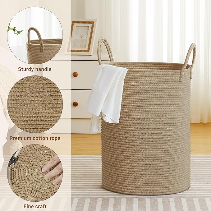 SunNewt Tall Laundry Basket with Handles, 72L Portable Dirty Clothes Hamper, Boho Cotton Rope Storage Bin for Blankets Kids Toys Gifts, Large Organizer for Baby Nursery Bedroom Bathroom, Jute