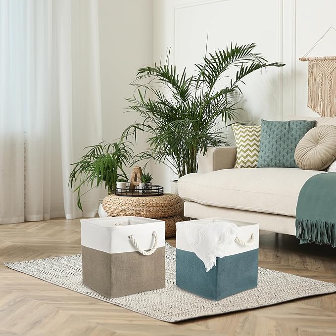 Geiserailie 6 Pcs 13 x 13 Inch Cube Storage Bins Fabric Storage Organizer Bins Foldable Cube Baskets with Sturdy Carry Handles Wicker Baskets for Home (Morandi Colors)
