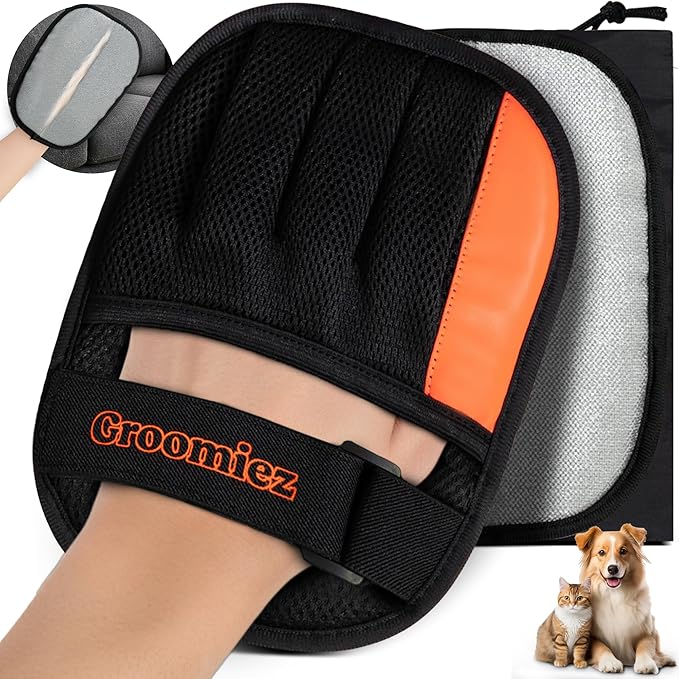 Groomiez 2 PCS Pet Hair Removal Gloves Set with Storage Bag – Electrostatic Dog & Cat Fur Remover Mitt for Furniture, Couch, Clothes & Car – Reusable & Washable Hair Cleaning Gloves