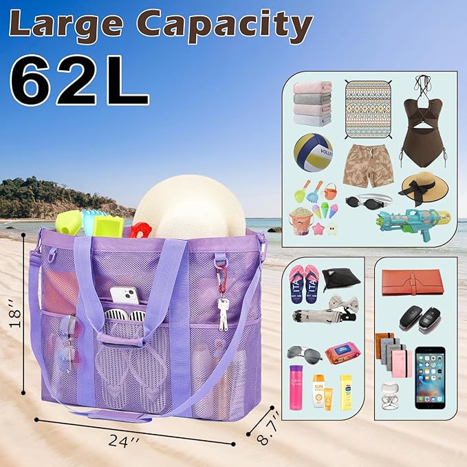Fammart Mesh Beach Bag, Large Beach Tote with Zipper Pocket for Family Pool Bag for Toys & Vacation Essentials