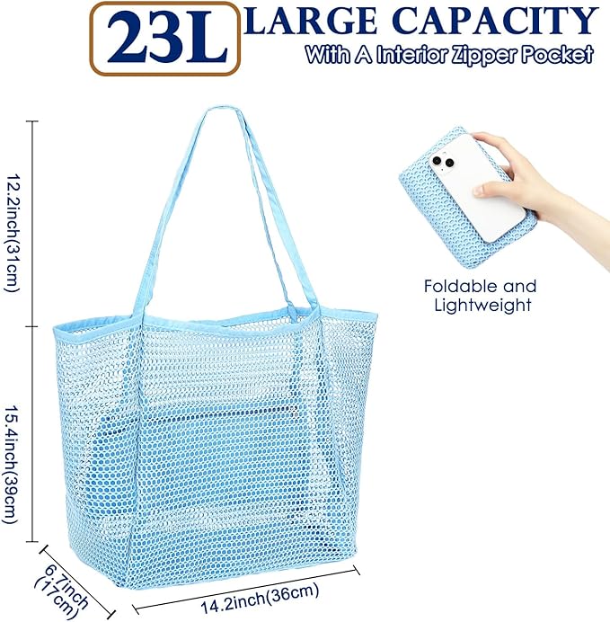 Fammart Mesh Beach Bag, Large Beach Tote with Zipper Pocket for Family Pool Bag for Toys & Vacation Essentials