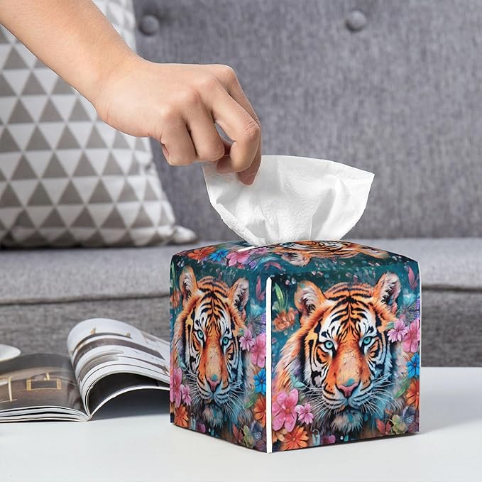 POIUBLE Leather Tissue Box Holder Tiger with Flowers Tissue Box Cover Square Waterproof Tissue Holder Organizer Modern Napkin Holder for Bedroom Dresser Night Stand Office Desk