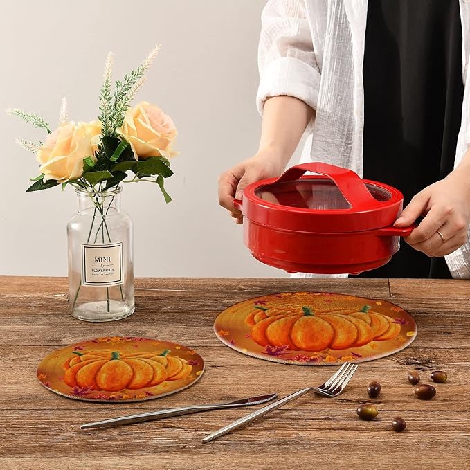 Boccsty Pumpkin Autumn Leaf Trivet Mat 2PCS Round Woven Potholders Kitchen Table Countertop Protector Hot Pads Farmhouse Coasters Counter Mats for Cooking Baking