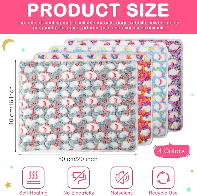 Clysee 4 Pack Self Heating Cat Bed Cat Self Warming Pad with Removable Cover Extra Warm Thermal Pet Pad Washable Pet Crate Mat Anti Slip Kennel for Indoor Outdoor Pets(Stars Moon,16 x 20 Inches)