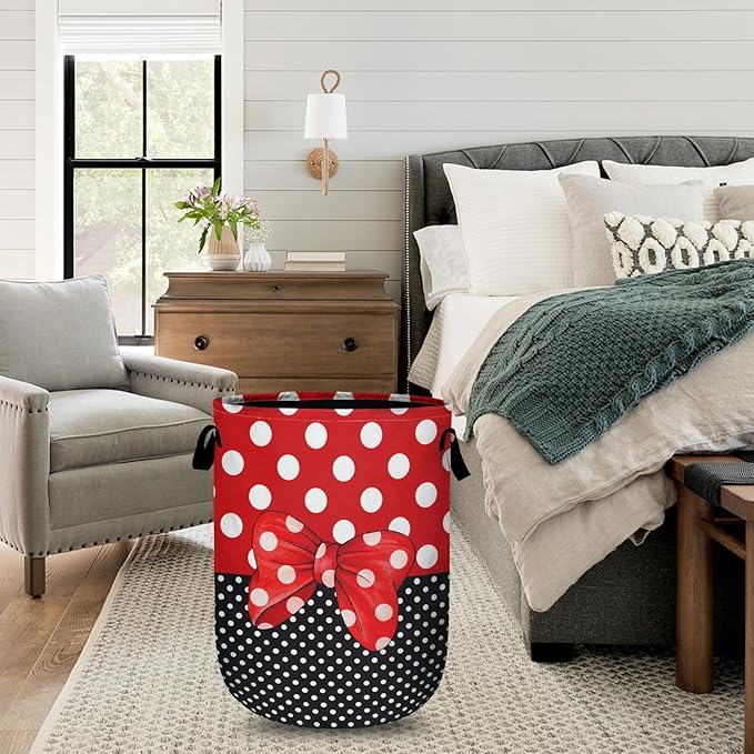 Polka Dot Red Bow Laundry Basket with Sturdy Handles, Collapsible Oxford Cloth Laundry Hamper Organizer Basket for Bathroom Bedroom 15.7x20 Inch