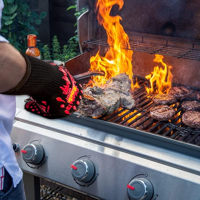Black Rock Grill Fire & Heat Resistant Cooking Gloves 923F -30cm Silicone Safety Oven Mitts with Fingers- Gloves for Grilling, BBQ, Fireplace, Lava Stones, EN407,EN388, EN ISO 21420 Certified (Large)
