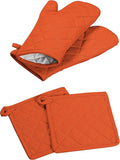 Oven Mitt (7"x13") & Pot Holder (8"x8") 100% Cotton Set of Heat Resistant Oven Gloves & Hot Pads for Gifts, BBQ, Cooking, Baking, Thanksgiving - Orange