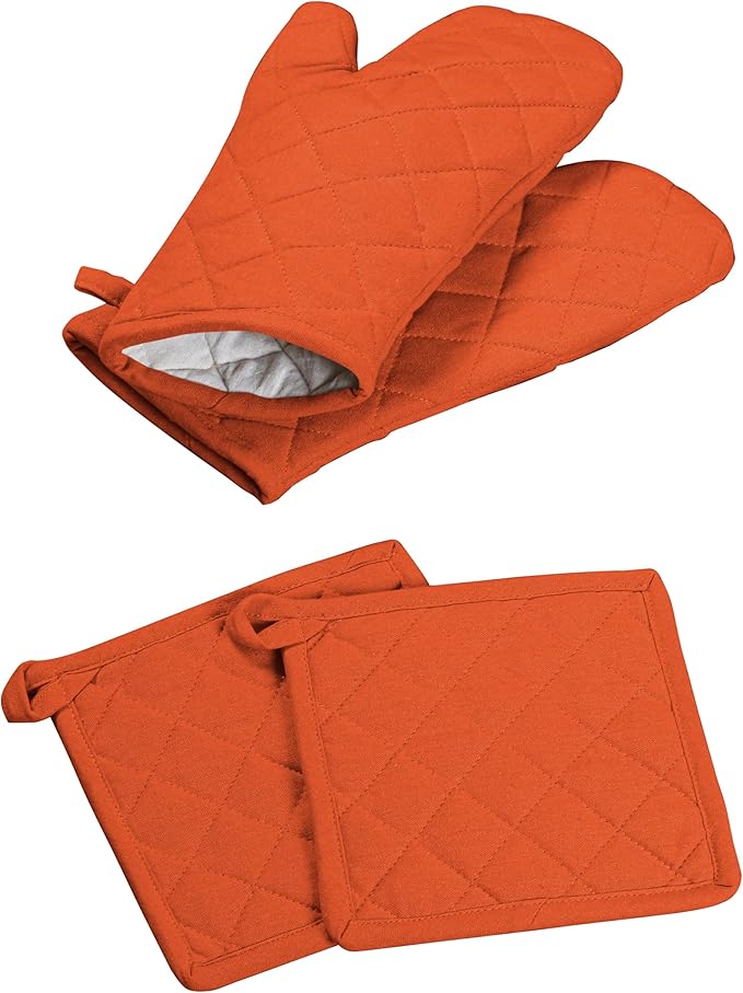 Oven Mitt (7"x13") & Pot Holder (8"x8") 100% Cotton Set of Heat Resistant Oven Gloves & Hot Pads for Gifts, BBQ, Cooking, Baking, Thanksgiving - Orange