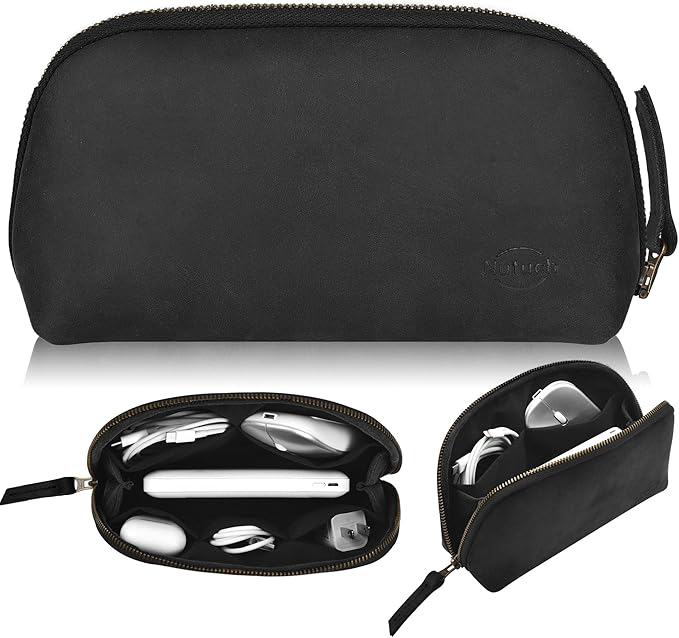 NUTUCH Leather Tech Pouch for Cables Chargers Phone | Tech Bag | Zipper Travel Accessory Pouch | Electronic Organizer Case Travel Bag (Black)