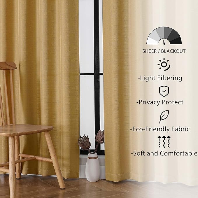 Lecloud Bessie Gold Curtains 63 Inch Length 2 Panels, Light Filtering Curtains for Bedroom, Faux Linen Textured Rod Pocket Curtain Drapes, Window Treatments for Living Room, Each 40 W x 63 L