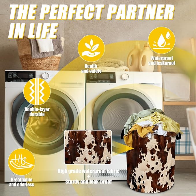 Brown Cowhide Laundry Basket,Laundry Hamper With Handles Collapsible Laundry Baskets Waterproof Dirty Clothes Hamper Storage Basket Toy Bins For Room Bathroom Bedroom Decor