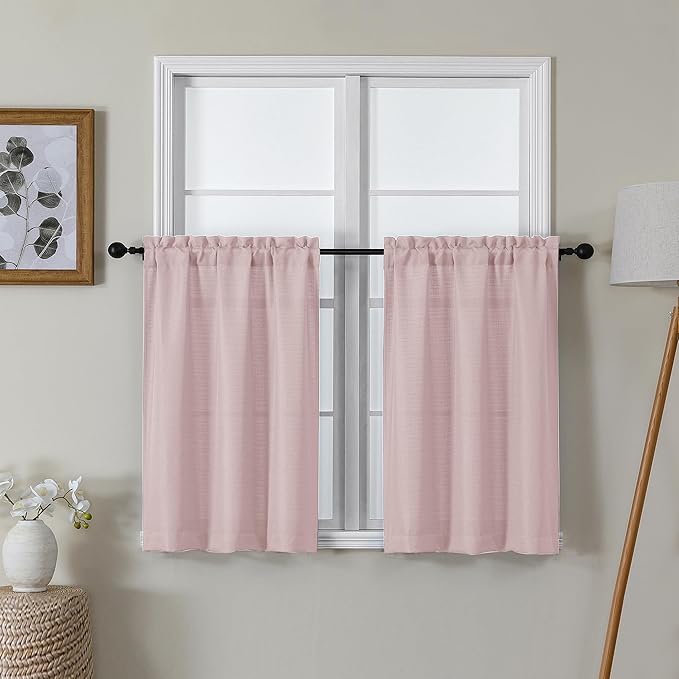Lecloud Bessie Blush Pink Kitchen Curtains 30 Inch Length 2 Pcs, Faux Linen Textured Short Curtains for Small Windows, Light Filtering Tiers Window Treatments for Bedroom Bathroom, Each 30 W x 30 L