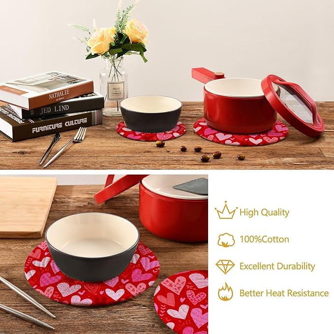 Red Pink Heart Trivet Mat 2PCS Valentine's Day Round Woven Potholders Kitchen Table Countertop Protector Hot Pads Farmhouse Coasters Counter Mats for Cooking Baking
