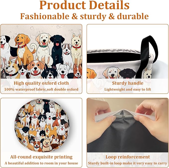 Cute Dog Puppy Laundry Basket with Sturdy Handles, Dog Lover Collapsible Oxford Cloth Laundry Hamper Organizer Basket for Bathroom Bedroom 15.7x20 Inch