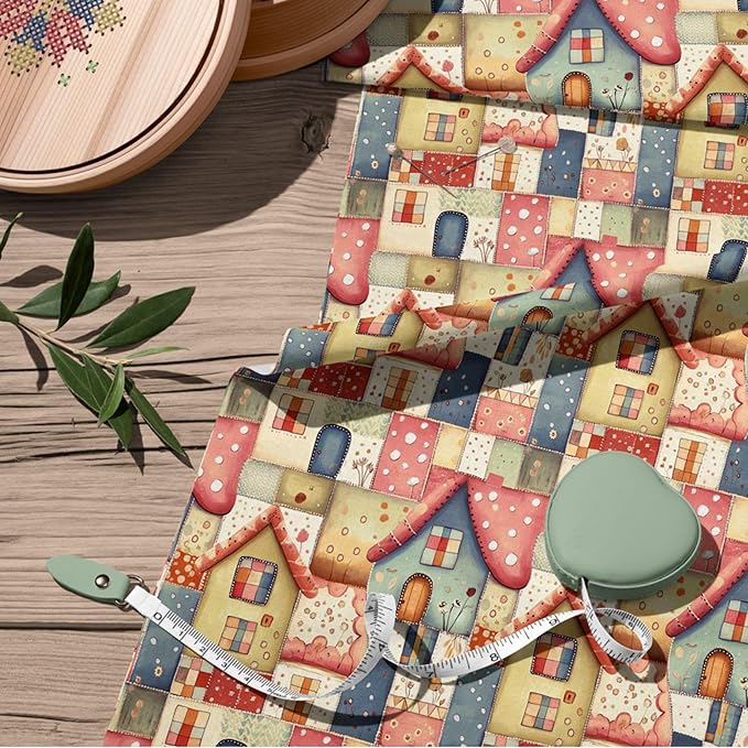 Cottage House Patchwork Cotton Fabric – Premium Turkish Printed Cotton 140 GSM, Pre-Cut 61 x 36.6 Inches, Quilting & Sewing Fabric for Crafts, Nursery Decor & DIY Projects