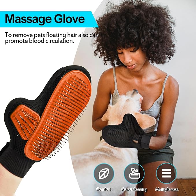 Beenefits 2025 Pet Grooming Glove with Tipped Pin Brush,Special Design Deshedding Glove, Perfect Petting Tool for Sensitive Dogs & Cats with Long & Medium Fur, Massage Mitt - Right-Hand - Orange