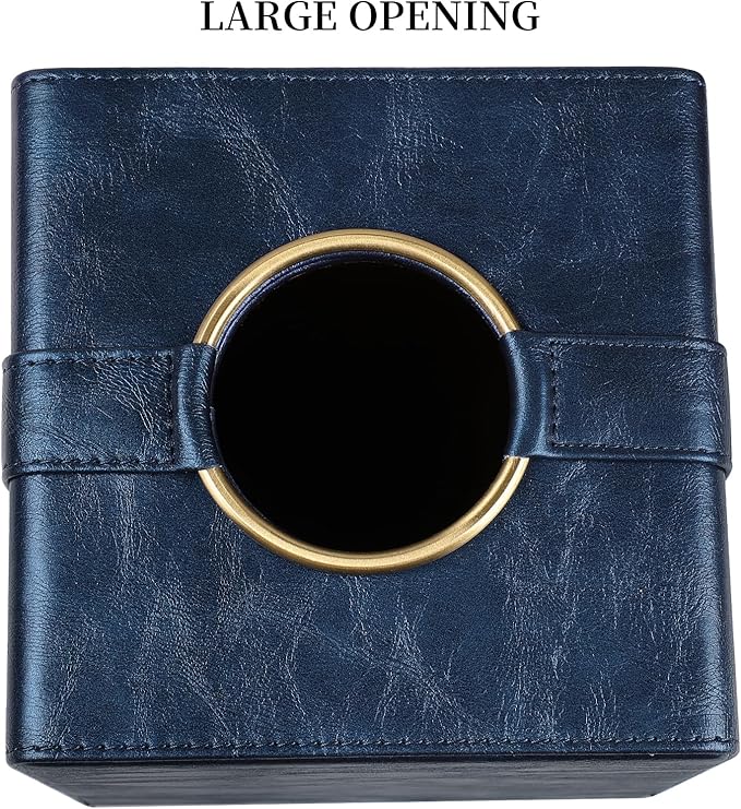 Cretkhp Luxury Square Tissue Box Cover, PU Leather Tissue Box Holder with Magnetic Closure and Gold Decorative Grommets for Bathroom Bedroom, Decorative Elegant Cube Tissue Holder (Blue)