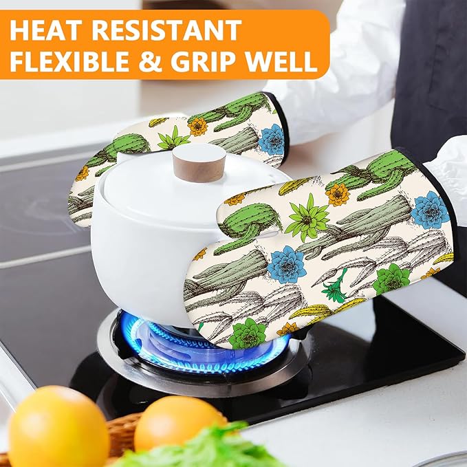 Cactus Flower Oven Mitts and Pot Holders Sets 4Pcs,Extra Long Oven Gloves Potholder for Kitchen Cooking Baking BBQ 100% Cotton Heat Resistant