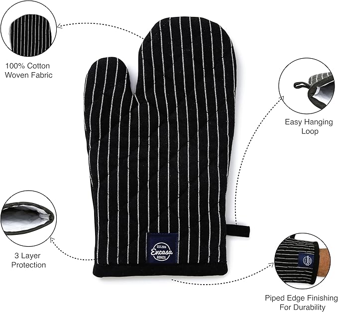 Encasa XO Long 12"x7" Oven Microwave Hand Gloves Mitts (2 pc Set) for Kitchen Cooking & Baking - Heat Resistant, Thick & Safe, Protection of Hands from Hot Utensils - Butcher Stripes Black