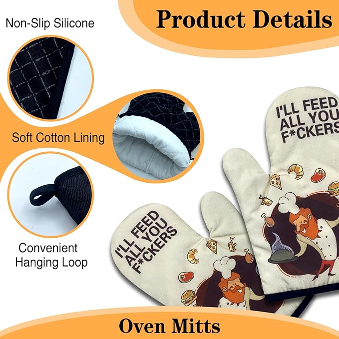 2 Pack Funny BBQ Oven Mitts, I'll Feed All You Fuckers, Heat Resistant Silicone Non-Slip Mitts, Humorous BBQ Grilling Gifts for Men, Christmas Birthday Gifts for Dad Husband Boyfriend Chef