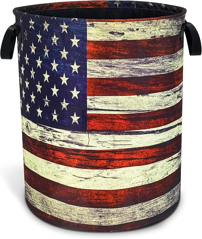 NUTAINLA Retro American Flag Laundry Basket Patriotic Foldable Oxford Cloth Funny Tote Bag Laundry Hamper Clothes Storage Bucket Toy Organizer For Bathroom/Laundry Storage/Bedroom 18.9x16.5 Inch