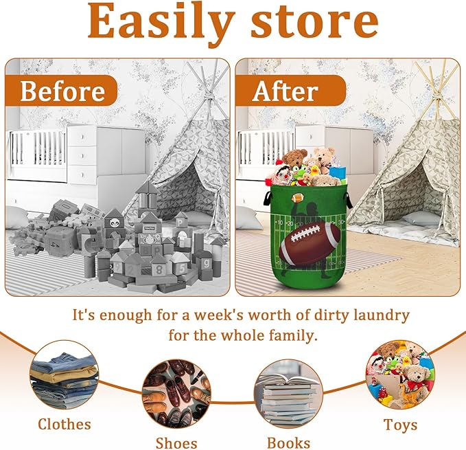 American Football Laundry Basket with Sturdy Handles, Ball Game Collapsible Oxford Cloth Laundry Hamper Organizer Basket for Bathroom Bedroom 15.7x20 Inch