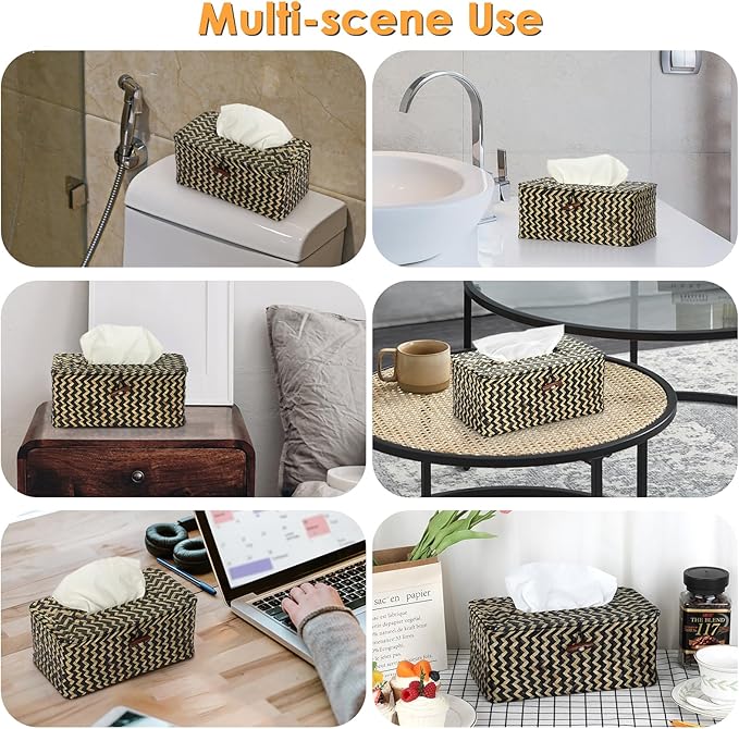 Sumnacon Tissue Box Cover Rectangle Tissue Box Seagrass Tissue Box Holder Woven Tissue Holder Decorative Tissue Cover for Bathroom Tissue Box Cover Rectangular for Home Office Table,Mixed Black