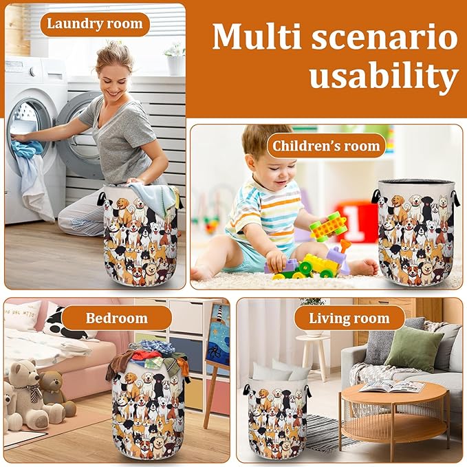 Cute Dog Puppy Laundry Basket with Sturdy Handles, Dog Lover Collapsible Oxford Cloth Laundry Hamper Organizer Basket for Bathroom Bedroom 15.7x20 Inch
