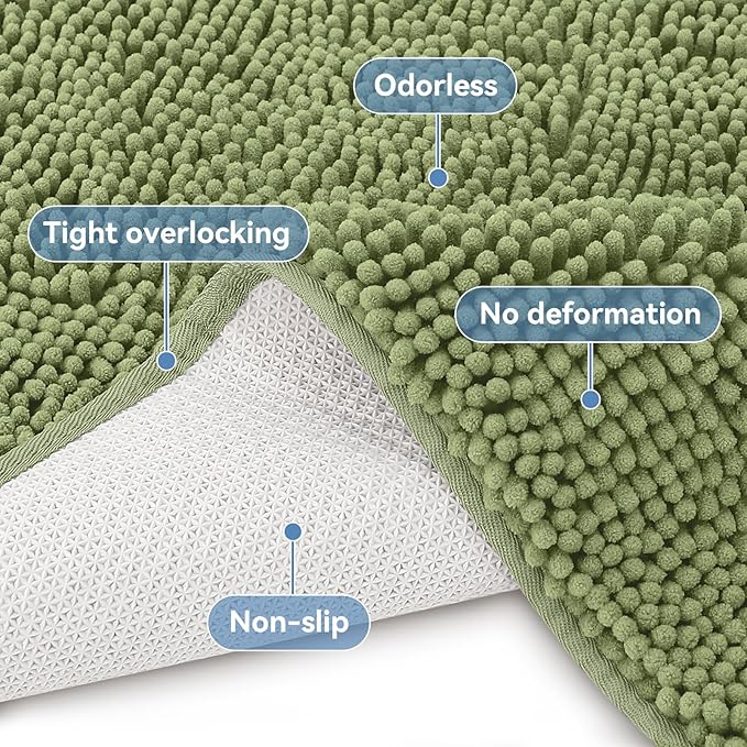 Bcoimo 24"×17" Absorbent Bath Mat, Non-Slip with Backing Chenille Bath Rug and Machine Washable Bathroom Mat Quick-Dry Design. Ideal for Bathroom and Tub Areas