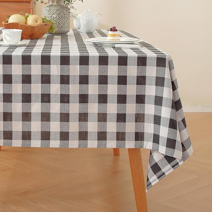 Alsoo Gingham Table Cloth Rectangle Tablecloth Heavy Duty Cotton Checkered Tablecloths Linen Table Cover for Spring Picnic Kitchen Dining, Black and White, 60 * 75 inch