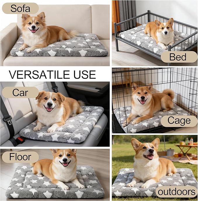 Fogkiss Dog Crate Mat, 4 Piece Reversible Pet Bed, Polyester, Machine Washable, Small Dogs & Cats, Rectangular (Gray Star, 24" L x 18" W x 1.5" Th)