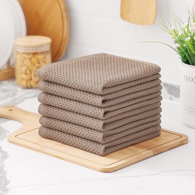 Kitinjoy 100% Cotton Kitchen Dish Cloths, 12 Pack Waffle Weave Ultra Soft Absorbent Dish Towels for Drying Dishes Quick Drying Kitchen Towels Dish Rags, 12 X 12Inch, Tan