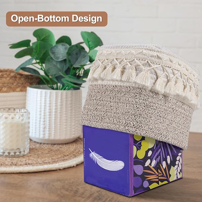 Square Boho Tissue Box Cover: Hand-Woven Tassel Holder for Bathroom, Table & Kitchen – Open-Bottom Design Decorative Cover for Home, Office & Farmhouse Decor (1, Tassel Ivory/Taupe, One Size)