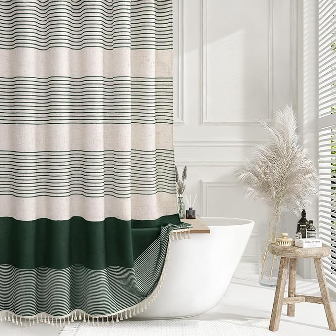 XOGUIBO Dark Green Shower Shower Curtain Boho Linen Striped Shower Curtains for Bathroom with Tassel 72 X 72