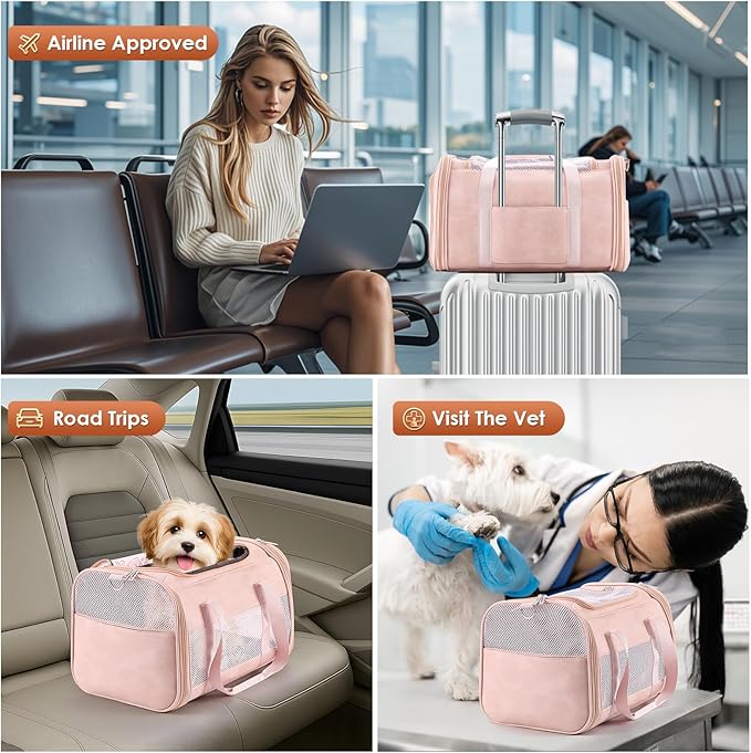 Monanller Fashion Leather Dog Carrier, Airline Approved Cat Carrier Soft Sided Pet Bag Carrier Purse for Puppy Kitten Small Animals Pink