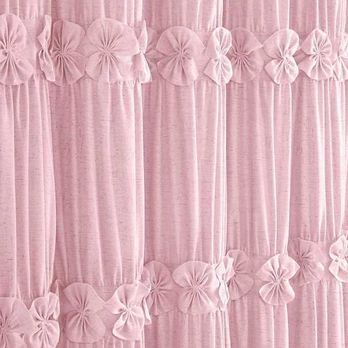 XOGUIBO Ruffle Shower Curtain with Handmade Bow Tie, Pink Linen Vintage Farmhouse Shower Curtain for Bathroom, 72" W x 72" H