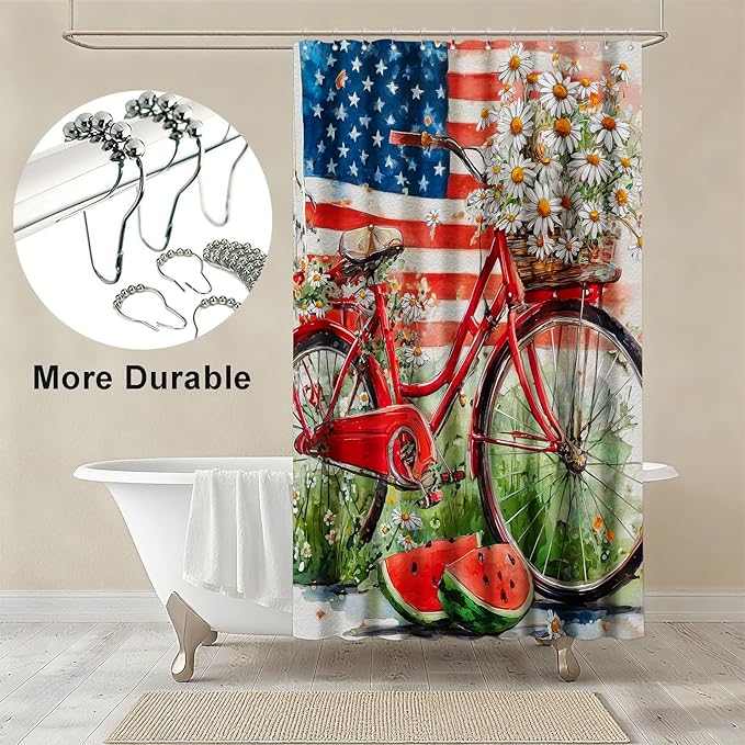 mutakin American Flag Shower Curtain Watercolor Bike Flowers Shower Curtains for Bathroom Waterproof Fabric Bath Curtain Decor with Hooks