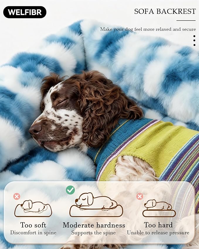 Welfibr Fluffy Faux Fur XL Dog Bed Large Sized Dog Washable Rasied Dog Bed Orthopedic Dog Beds with Sides Noiseless Supportive Foam Dog Couch Anti-Slip Comfort Pet Beds with Removable Cover Blue 48"