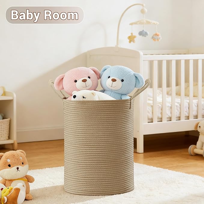 SunNewt Tall Laundry Basket with Handles, 58L Portable Dirty Clothes Hamper, Boho Cotton Rope Storage Bin for Blankets Kids Toys Gifts, Decorative Organizer for Baby Nursery Bedroom Bathroom, Jute