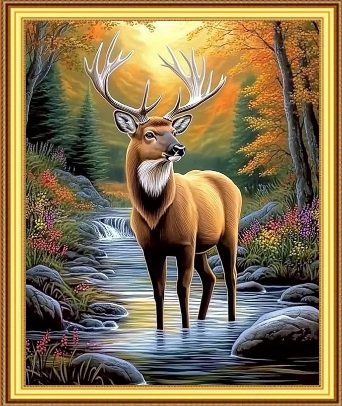 Foxnyart Stamped Cross Stitch Kits Full Range of Embroidery Needlework Starter Kits for Beginners Adults 11CT Embroidery Patterns Art Crafts DIY Needlepoint Kit-Forest elk 16x20 inchs