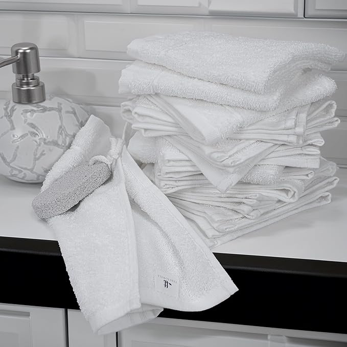 Tens Towels Pack of 24 Washcloths, 12 x 12 Inches, Lighter Weight, Quick to Dry, Super Soft & Absorbent, Gentle Face Towels, Hotel Quality, Perfect for Bathroom, Gym, Spa (White, 24 Pack)