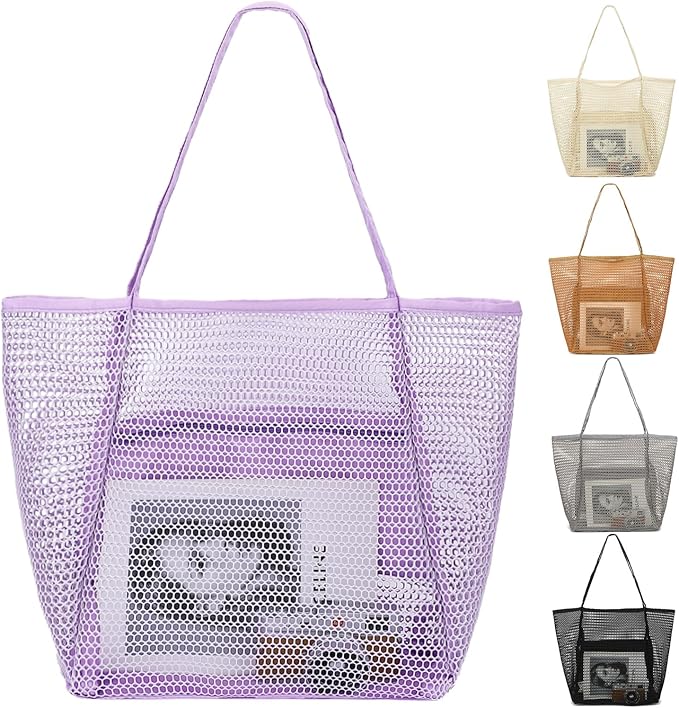 Fammart Mesh Beach Bag, Large Beach Tote with Zipper Pocket for Family Pool Bag for Toys & Vacation Essentials