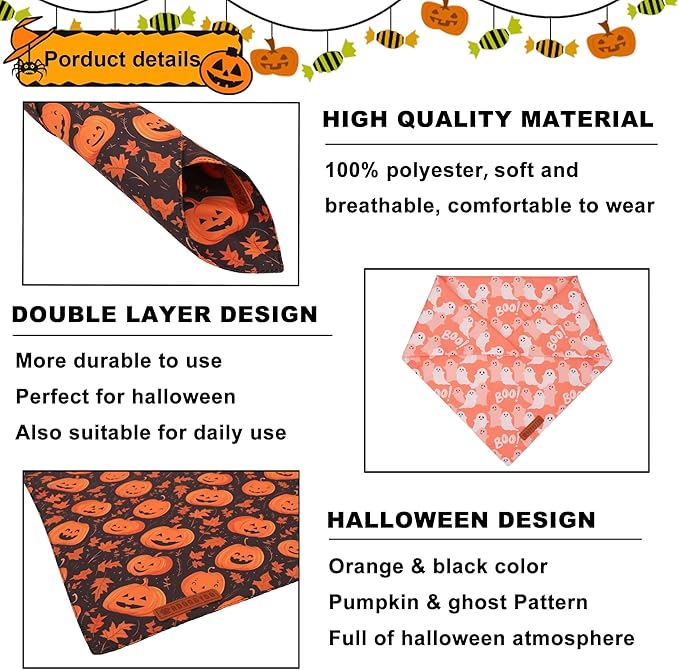 ADOGGYGO Halloween Dog Bandana, Pumpkin Ghost Pet Scarf, Orange Black Halloween Bandanas for X-Large Dog (X-Large)