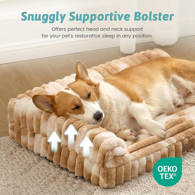 COZY KISS Cute Dog Bed, Faux Rabbit Fur Orthopedic Foam Dog Bed with Sides, Removable Washable Cover & Waterproof Lining, Comfortable Pet Couch for Small Dogs, Tie-Dye Brown (30" L x 20" W x 6" Th)