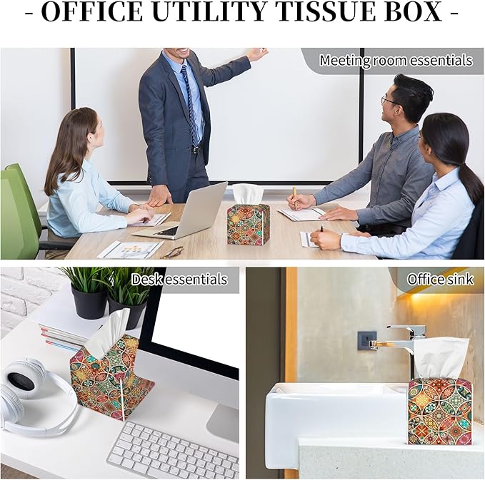 Tissue Box Cover Holder, Vintage Mandala Flowers PU Leather Square Tissue Box Cover Decorative Organizer for Bathroom Kitchen Bedroom Vanity Countertop Night Stands
