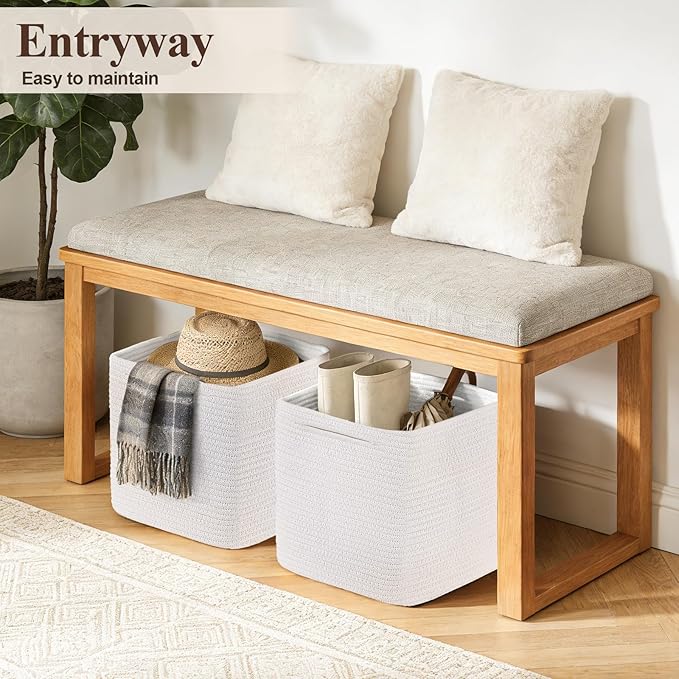 Storage Cubes 11 Inch Storage Baskets for Shelves, Set of 3 Cotton Rope Woven Baskets for Organizing, Cube Storage Square Bins for Toy, Playroom Decor, Classroom, Closet, White